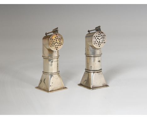 A rare pair of novelty Victorian silver pepperettes, Hardwood, Plante &amp; Harrison, Birmingham, 1884, modelled as ship’s bi