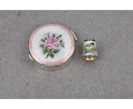A George V silver and enamel trinket box, J. Aitkin &amp; Son, Birm. 1913, circular with pink and white guilloche enamel to t