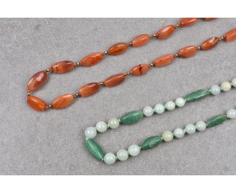 A vintage agate bead necklace, mid-century, with 9ct gold spring ring clasp and bead spacers, 32½in. (95.25cm.) long; togethe