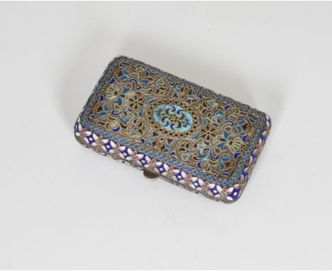 A Russian silver and cloisonné / champleve enamel snuff box, indistinct 84 standard mark, rectangular form with rounded corne