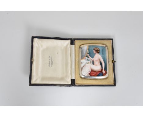 A continental erotic silver and enamel cigarette case, marked .935, German or Austrian, first quarter 20th century, the hinge