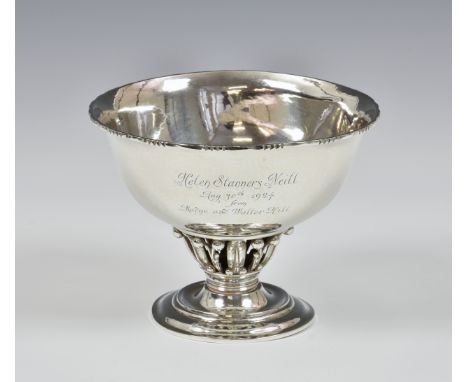 Georg Jensen - A Danish silver Louvre centrepiece pedestal bowl, designed by Georg Jensen in 1912, planished finished bowl wi