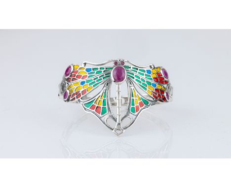 A silver, ruby and plique a jour cuff bangle, late 20th century, in the Art Nouveau manner, marked '925', designed as a drago