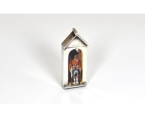 A Victorian “Sentry Box” silver and enamel vesta case, Samson Mordan &amp; Co. London, 1886, the front enamelled with a depic