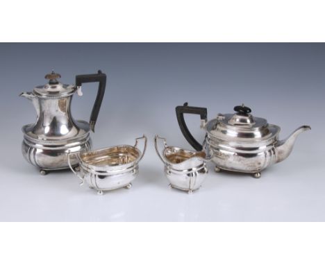 A George V silver four piece tea service, C S Harris &amp; Sons Ltd, London, 1918/19, of bombe form with reeded rims, raised 