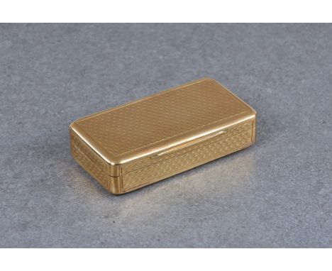A George III 18ct gold snuff box, maker probably George Longstaffe, London 1803, rectangular cushion form with engine turned 