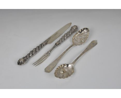 A Victorian silver fruit serving knife and fork, Robert Roskell, Alan Roskell &amp; John Mortimer, London, having shaped term