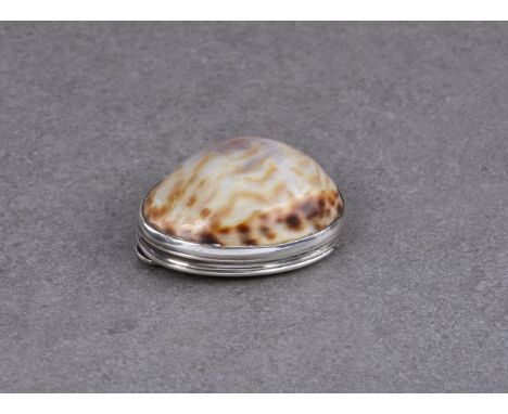 An 18th century silver and cowrie shell snuff box, maker's mark only to inside of lid, 'FI', chased foliate and strapwork dec