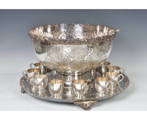 An impressive silver plated punch set, by Barker &amp; Ellis of England, with chased floral and foliate decoration and cast r