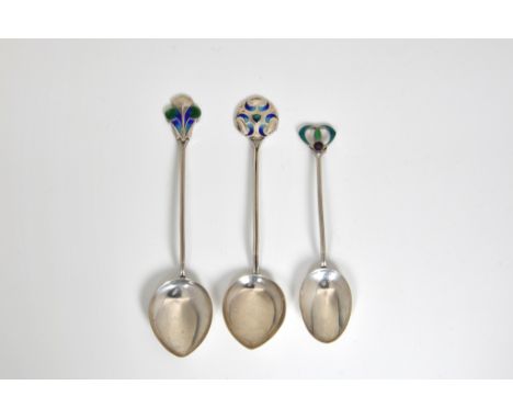 James Fenton for Liberty &amp; Co - Three rare silver and enamel teaspoons, Liberty &amp; Co, Birmingham, 1905 / 1908 / 1909,