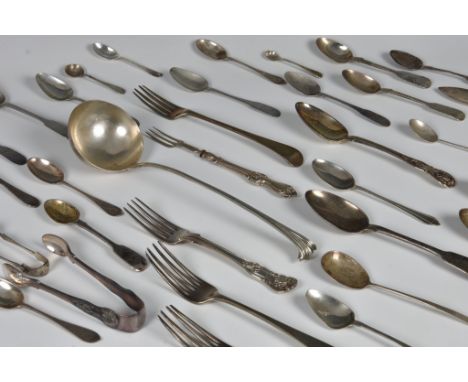 A large collection of various silver flatware, to include a Georgian silver Onslow pattern soup ladle, 10 5/8in. (27cm.) long