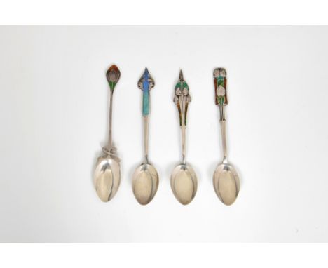 Archibald Knox (1864-1933) for Liberty &amp; Co., London - Rare set of four silver and enamel teaspoons, Liberty &amp; Co, Bi