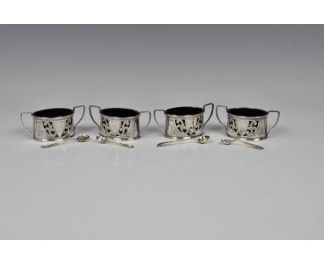 A set of four late Victorian silver open salts, Harrison Brothers &amp; Howson, Sheffield, 1900, of pierced twin handle oval 