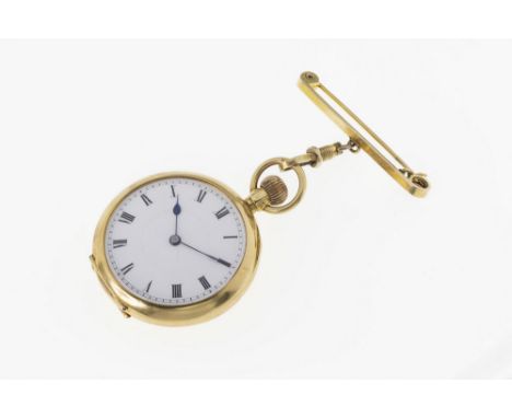 An Edwardian 18ct gold open face fob watch, London import marks, 1911, fob wind English 16 jewel level movement, no. 19516, p