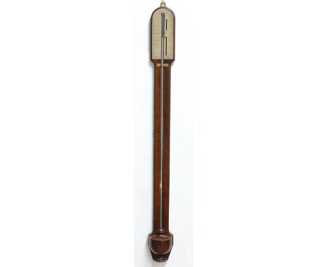 REGENCY MAHOGANY STICK BAROMETER, the silvered gauge inscribed M Berge, London, the arched gauge above an urn shaped cistern,