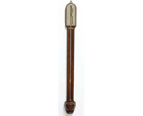 REGENCY MAHOGANY STICK BAROMETER, the silvered gauge inscribed M Berge, London, the arched gauge above an urn shaped cistern,