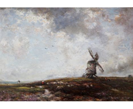 CIRCLE OF JAMES HERBERT SNELL (1861-1935) TENDING SHEEP ON A HEATH, NEAR A WINDMILL Bears D. Cox signature, oil on board 39 x