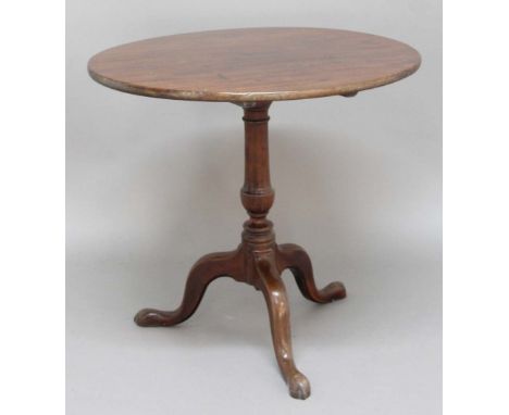 GEORGE III MAHOGANY CIRCULAR TILT TOP OCCASIONAL TABLE, on a tapering column and tripod base, height 73cm, diameter 77cm