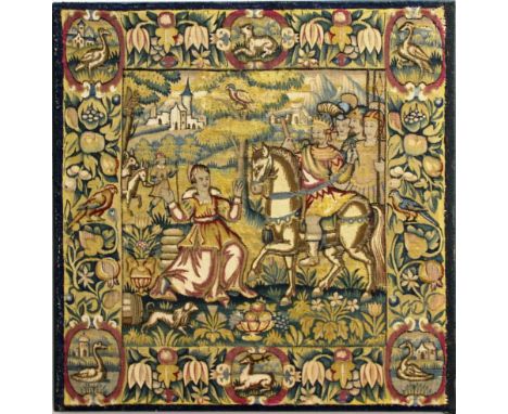 GERMAN TAPESTRY PANEL, probably 17th century, depicting Solomon and Sheba inside a border with cartouches of birds and animal