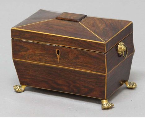 REGENCY MAHOGANY AND BOXWOOD INLAID TEA CADDY, of sarcophagus form with twin canister interior, height 14cm, width 20cm, dept
