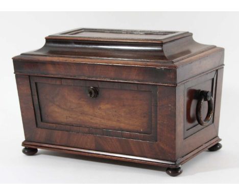 REGENCY MAHOGANY AND ROSEWOOD TEA CADDY of sarcophagus form with flattened top, height 18cm, width 27cm