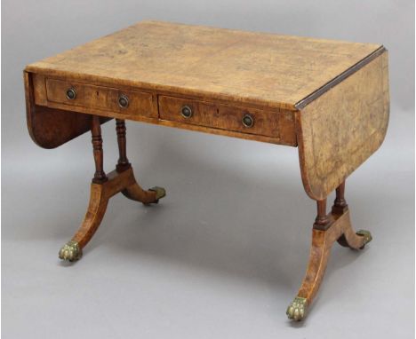 REGENCY BURR OAK SOFA TABLE, the rounded rectangular top with satinwood line inlay above a pair of 'push me pull you' drawers