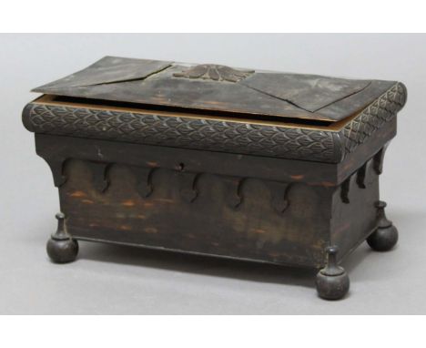 COROMANDEL TEA CADDY, mid 19th century, of sarcophagus form, with twin canister and mixing bowl interior, lacking bowl, heigh