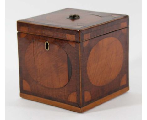 GEORGE III MAHOGANY TEA CADDY of cube form with satinwood and rosewood inlays, the interior with twin pewter canisters, heigh