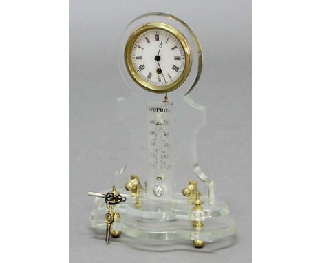 FRENCH GLASS MANTEL CLOCK marked Réaumur, the case with thermometer and brass finials, height 20cm