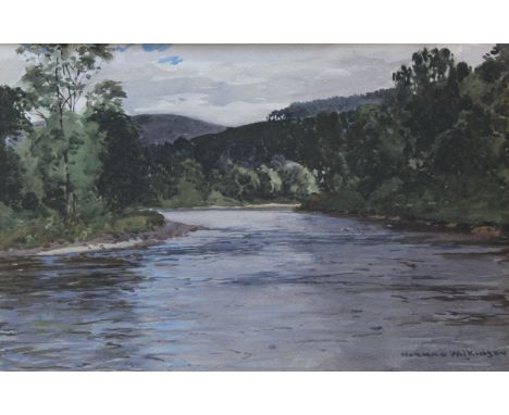 •NORMAN WILKINSON, CBE (1878-1971) THE RIVER SPEY, SCOTLAND Signed, watercolour 23.5 x 35cm. Provenance: Purchased from the a