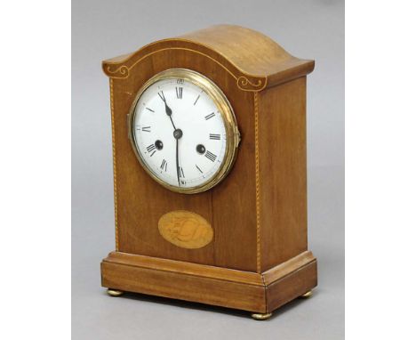 REGENCY STYLE MAHOGANY AND INLAID MANTEL CLOCK, the 5" enamelled dial on an eight day movement half hourly striking to a gong