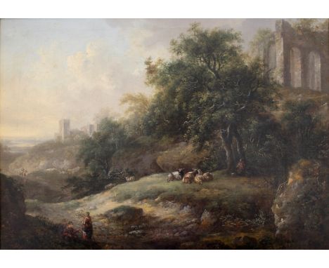 FOLLOWER OF GEORGE MULLINS (Fl.1756-1775) A WOODED UPLAND PASTORAL SCENE WITH RUINS Oil on canvas 30 x 41.5cm. ++ Old lining;