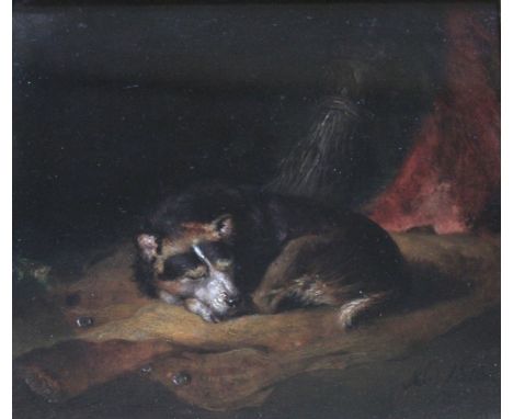 ABRAHAM COOPER, RA (1787-1868) GUARDING HIS MASTER'S COAT Signed with monogram and dated 1816, oil on panel 13 x 15cm. ++ Goo
