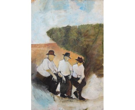 •TESSA NEWCOMB (b.1955) MEN INTERESTED Signed with initials and dated 85, oil on board 30 x 20cm. Provenance: London,Christop