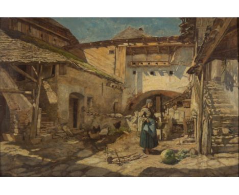 ANTON JOSEF PEPINO (1863-1921) YARD IN DURNSTEIN WITH PUMPKIN signed, bears title  XII Haf in Dürnstein m. Kürbis/ 4000 M - v