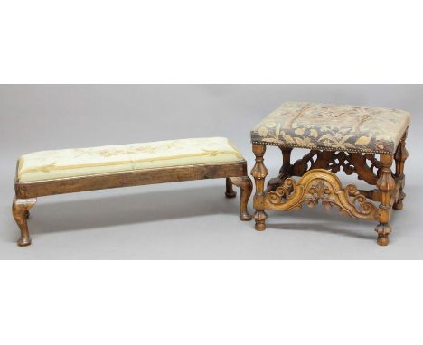 WILLIAM AND MARY STYLE WALNUT STOOL, the tapestry upholstered seat above a pierced scrolling front rail and 'H' stretcher, he