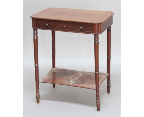 GEORGE III MAHOGANY AND CROSSBANDED SIDE TABLE, the rectangular top with pinched corners above a single 'push me pull you' dr