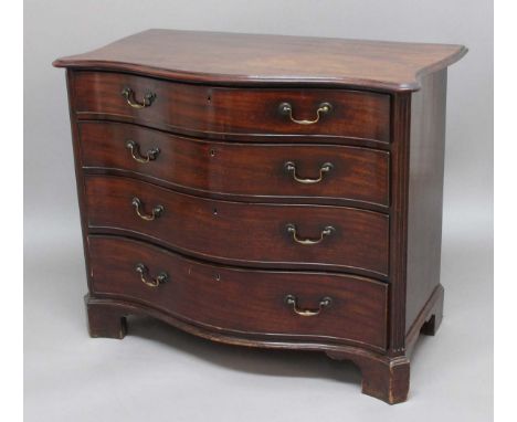 GEORGE III MAHOGONY SERPENTINE COMMODE, with four graduated drawers, brass swing handles and bracket feet, height 90cm, width