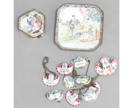 COLLECTION OF ENAMELS, to include a Chinese square dish, a French patch box and five decanter labels; together with five porc