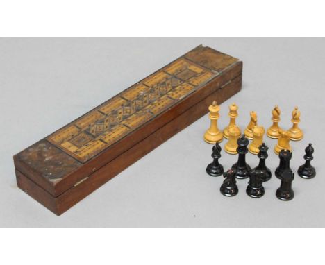 JAQUES STAUNTON STYLE CHESS SET, ebonised and boxwood, two pieces from each side marked with a crown, height of king 7cm, hei