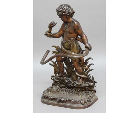 BRONZED WROUGHT IRON STICK STAND, cast as Hercules and the serpent, height 84cm, 