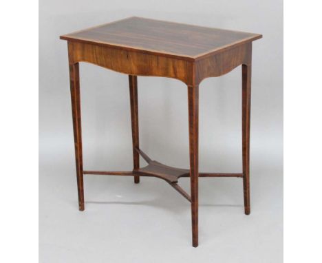 ROSEWOOD AND CROSSBANDED JEWELLERY OR BIJOUTERIE TABLE, the hinged top enclosing a vacant interior on tapering square section