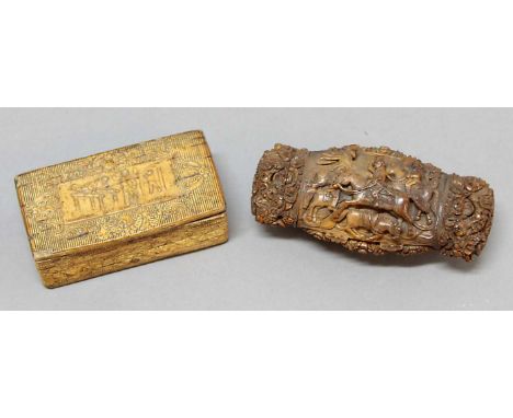 CARVED NUT SNUFF BOX, early 19th century, probably French, the body carved with two scenes of soldiers on horseback, the ends
