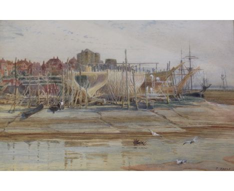 CHARLES EARLE (1832-1893) SHIP BUILDING AT RYE, SUSSEX Signed, also signed and inscribed on a label affixed to the new backbo