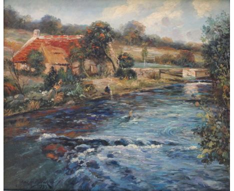 •JOAN HOUGHTON BIRCH (1909-1993) FIGURE BY A RIVER NEAR A COTTAGE Signed and dated 1933, oil on canvas 49.5 x 59.5cm. * The a