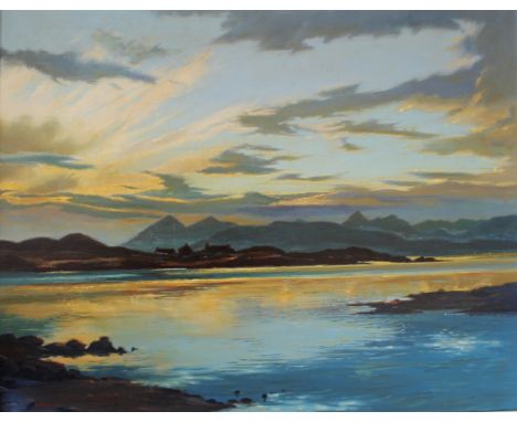 •RICHARD FORSYTH (1930-1997) SKYE HILLS FROM APPLE CROSS Signed, inscribed with title verso, oil on canvas 70 x 90cm. ++ Good