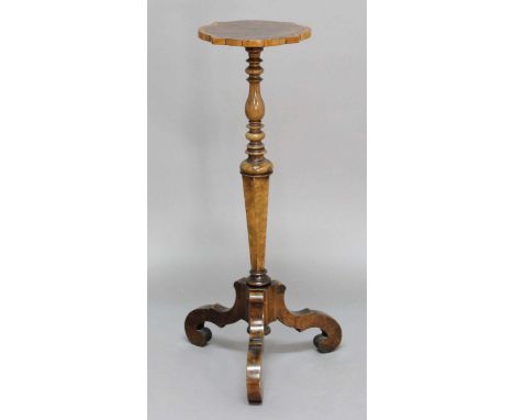 QUEEN ANNE STYLE WALNUT CANDLE STAND, 19th century, the flower head shaped tray above a turned and faceted column and scrolli