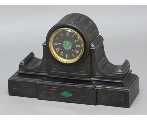 VICTORIAN BLACK SLATE AND MALACHITE INLAID MANTEL CLOCK, the 4 3/4" dial with gilt, roman numerals on a brass eight day movem