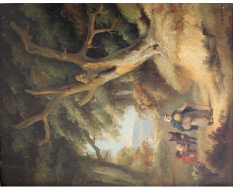 ATTRIBUTED TO GEORGE MORLAND (1763-1804) COUNTRY FOLK WITH A DONKEY ON A WOODED PATH Bears signature and date 1795, oil on ca