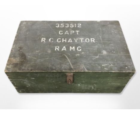 A painted pine military trunk with stenciled writing, Capt. R C Chaytor RAMC, width 76 cm 